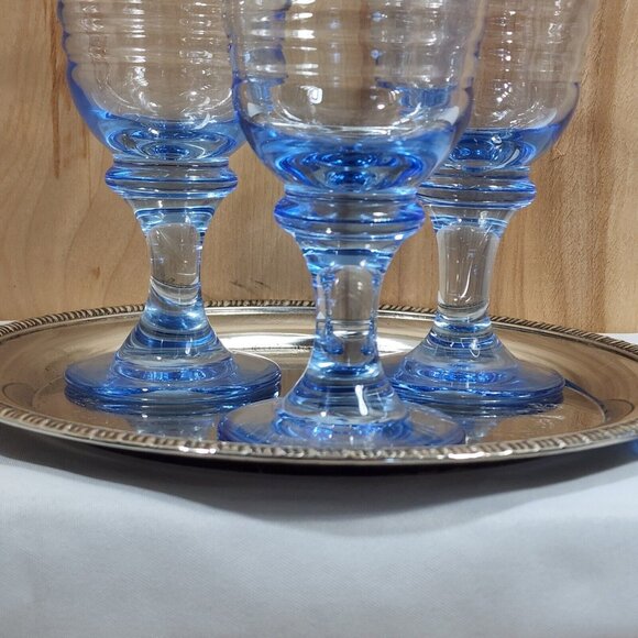4 Libbey Sirrus Blue Wine Glasses 7" water Goblets vintage horizontal rings - Picture 4 of 7